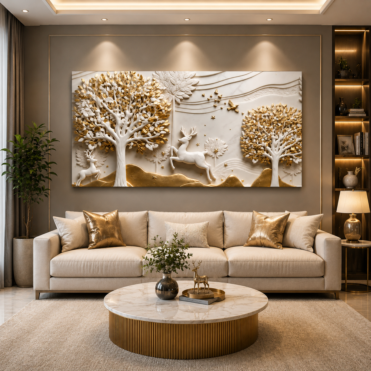 Artistic 3D Golden Deer Embossed Canvas Frame Wall Decor Art
