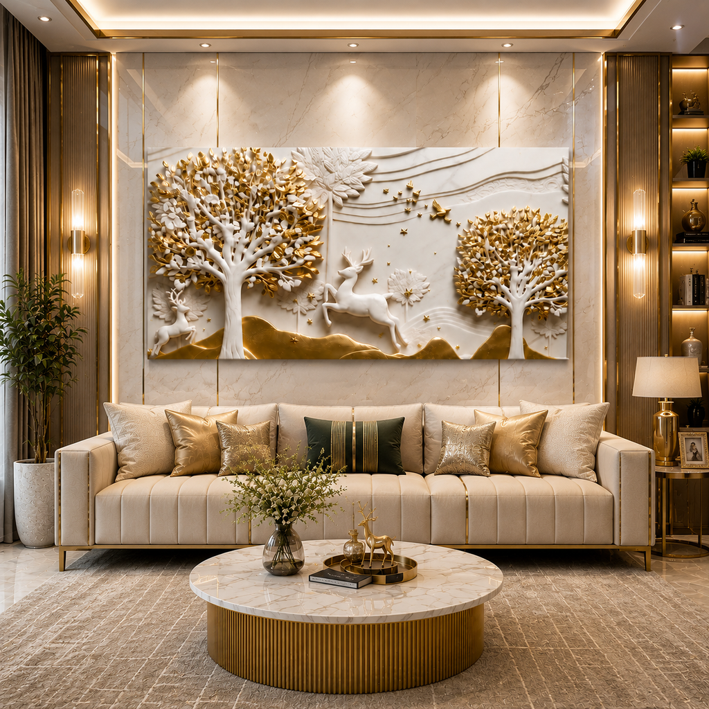 Artistic 3D Golden Deer Embossed Canvas Frame Wall Decor Art