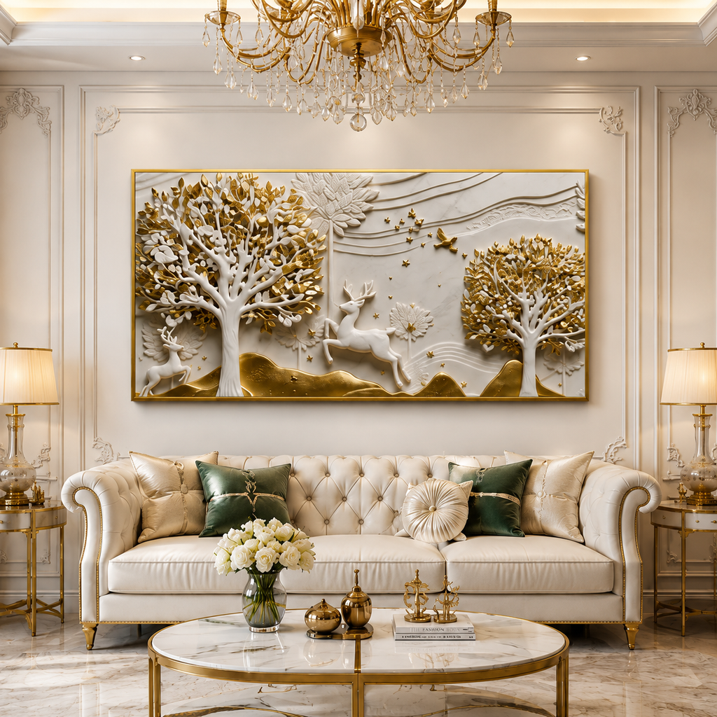 Artistic 3D Golden Deer Embossed Canvas Frame Wall Decor Art