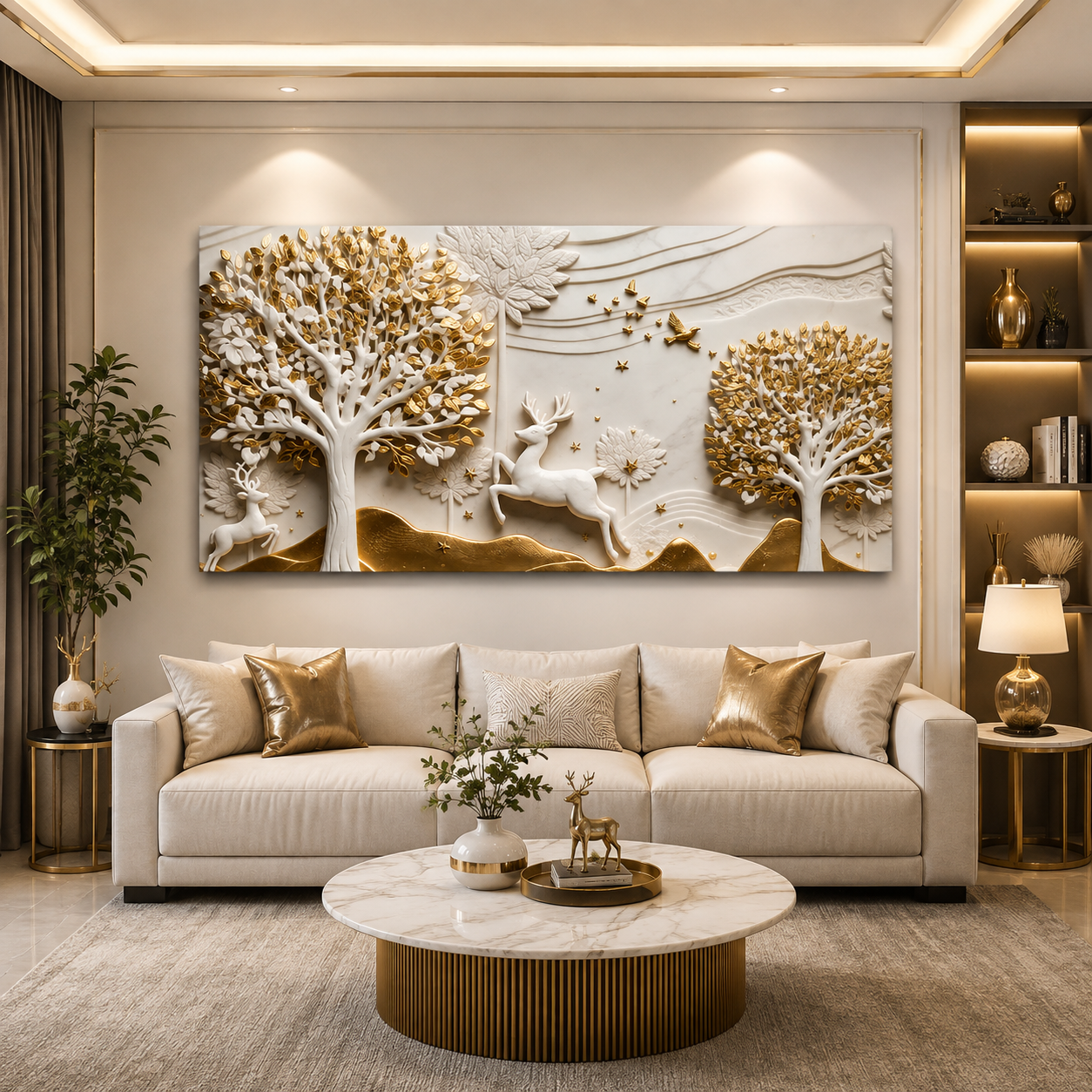 Artistic 3D Golden Deer Embossed Canvas Frame Wall Decor Art