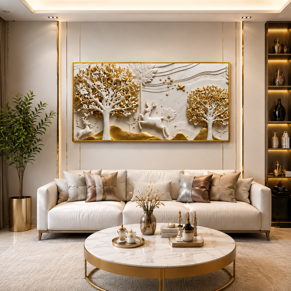 Artistic 3D Golden Deer Embossed Canvas Frame Wall Decor Art