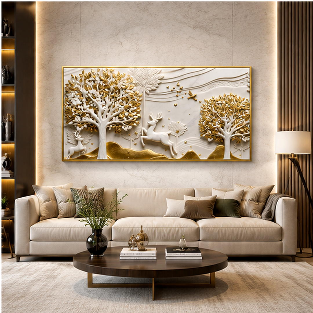 Artistic 3D Golden Deer Embossed Canvas Frame Wall Decor Art