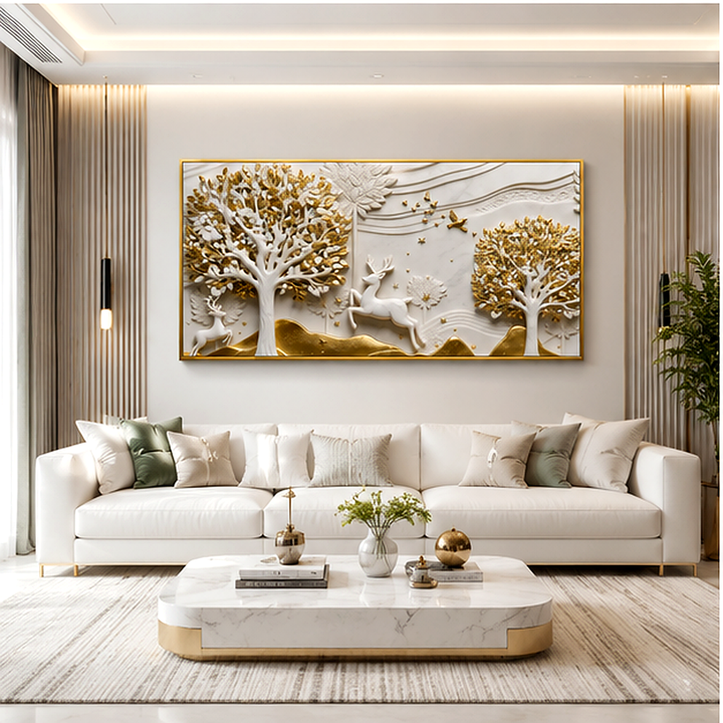 Artistic 3D Golden Deer Embossed Canvas Frame Wall Decor Art