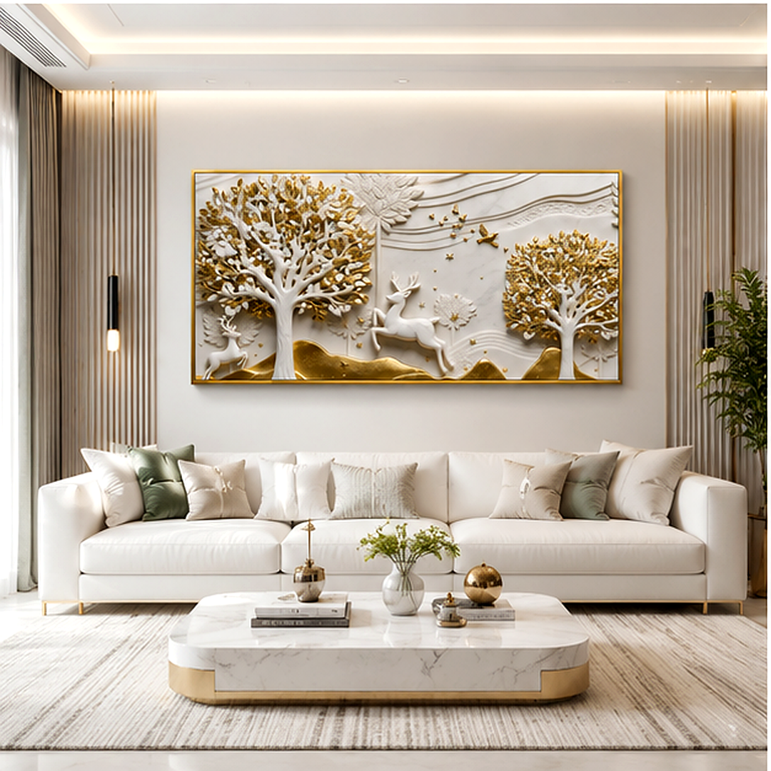 Artistic 3D Golden Deer Embossed Canvas Frame Wall Decor Art