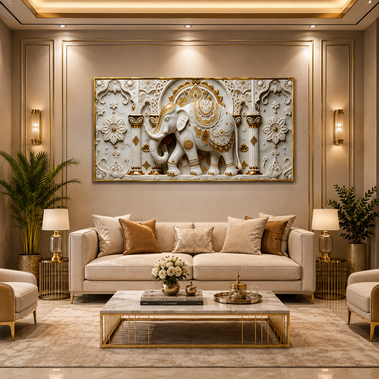 Premium Golden White Ganesha 3D Wall Art for Elegant Home Decoration