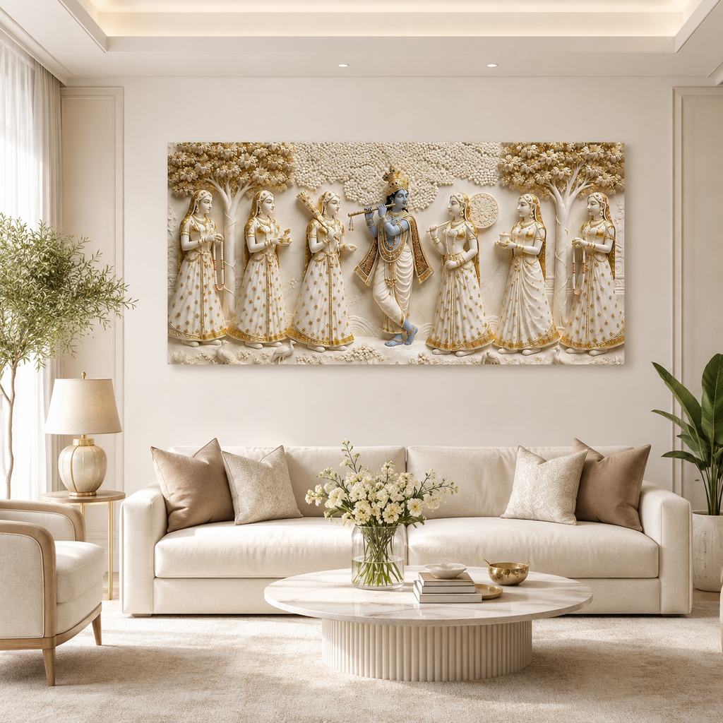 Krishna with Gopis Wall Art Painting, Beautiful Indian Traditional Artwork for Spiritual Home