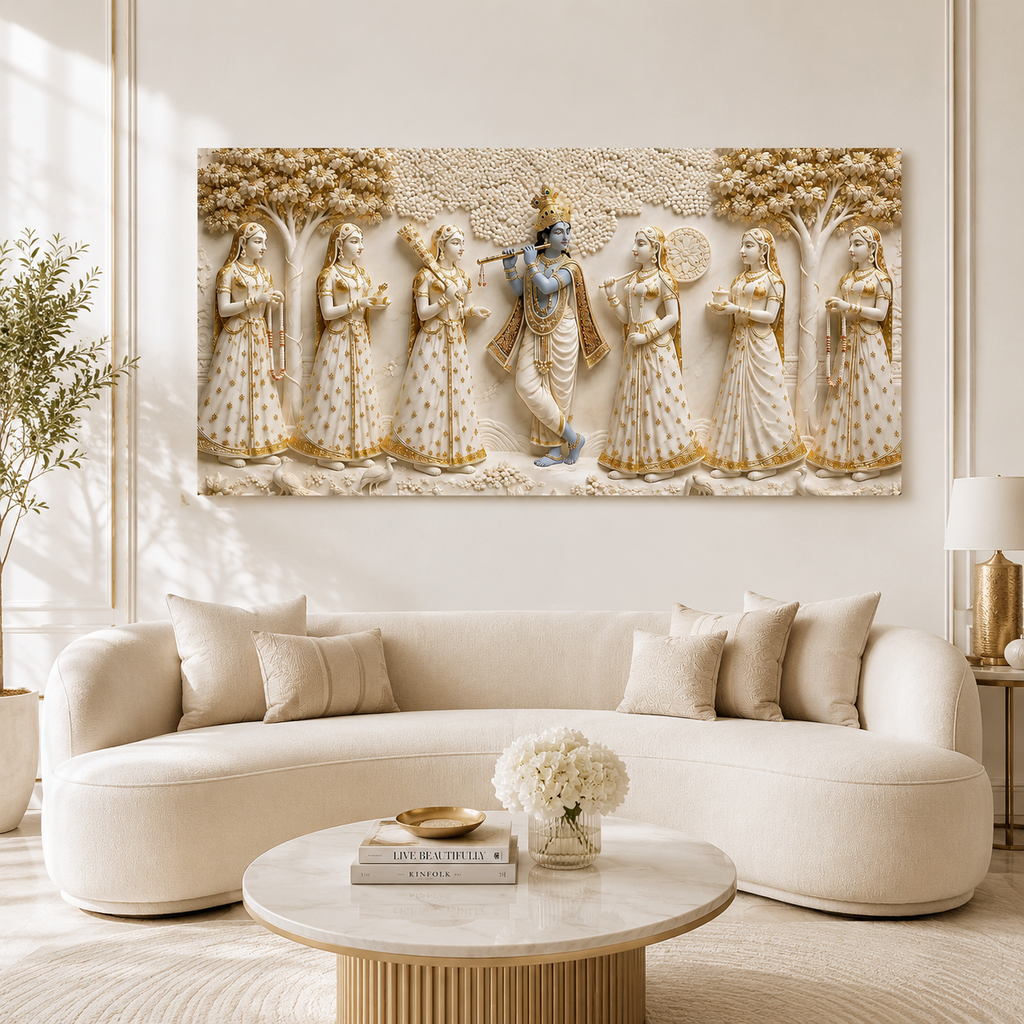 Krishna with Gopis Wall Art Painting, Beautiful Indian Traditional Artwork for Spiritual Home