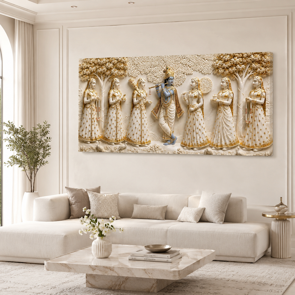 Krishna with Gopis Wall Art Painting, Beautiful Indian Traditional Artwork for Spiritual Home