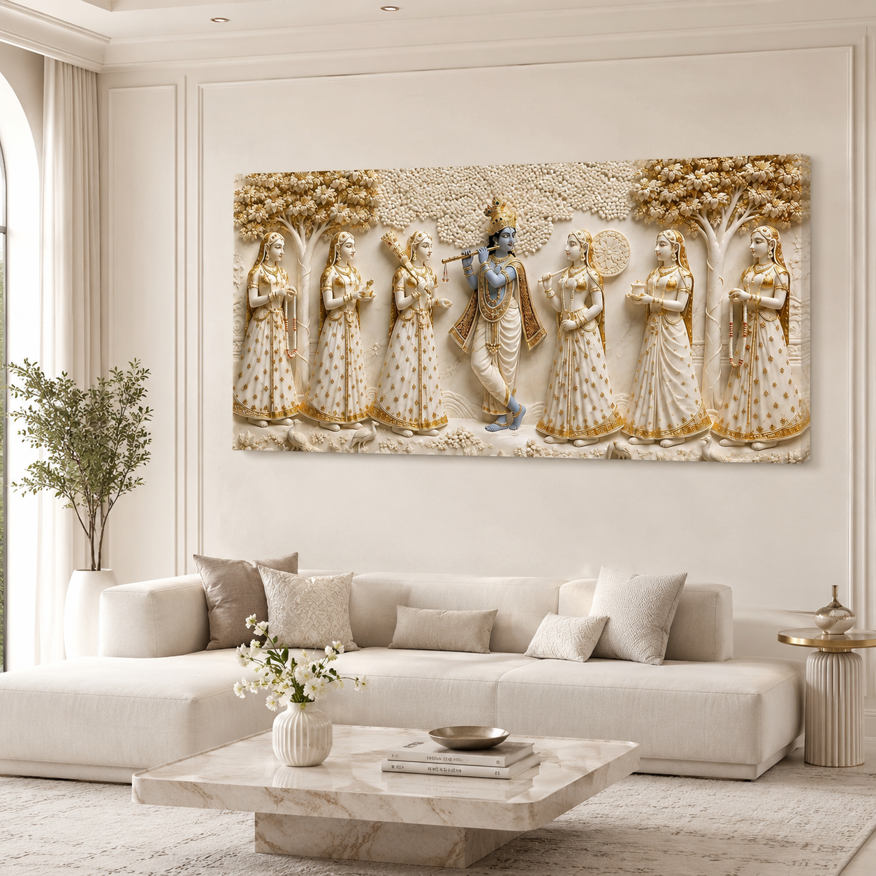 Krishna with Gopis Wall Art Painting, Beautiful Indian Traditional Artwork for Spiritual Home