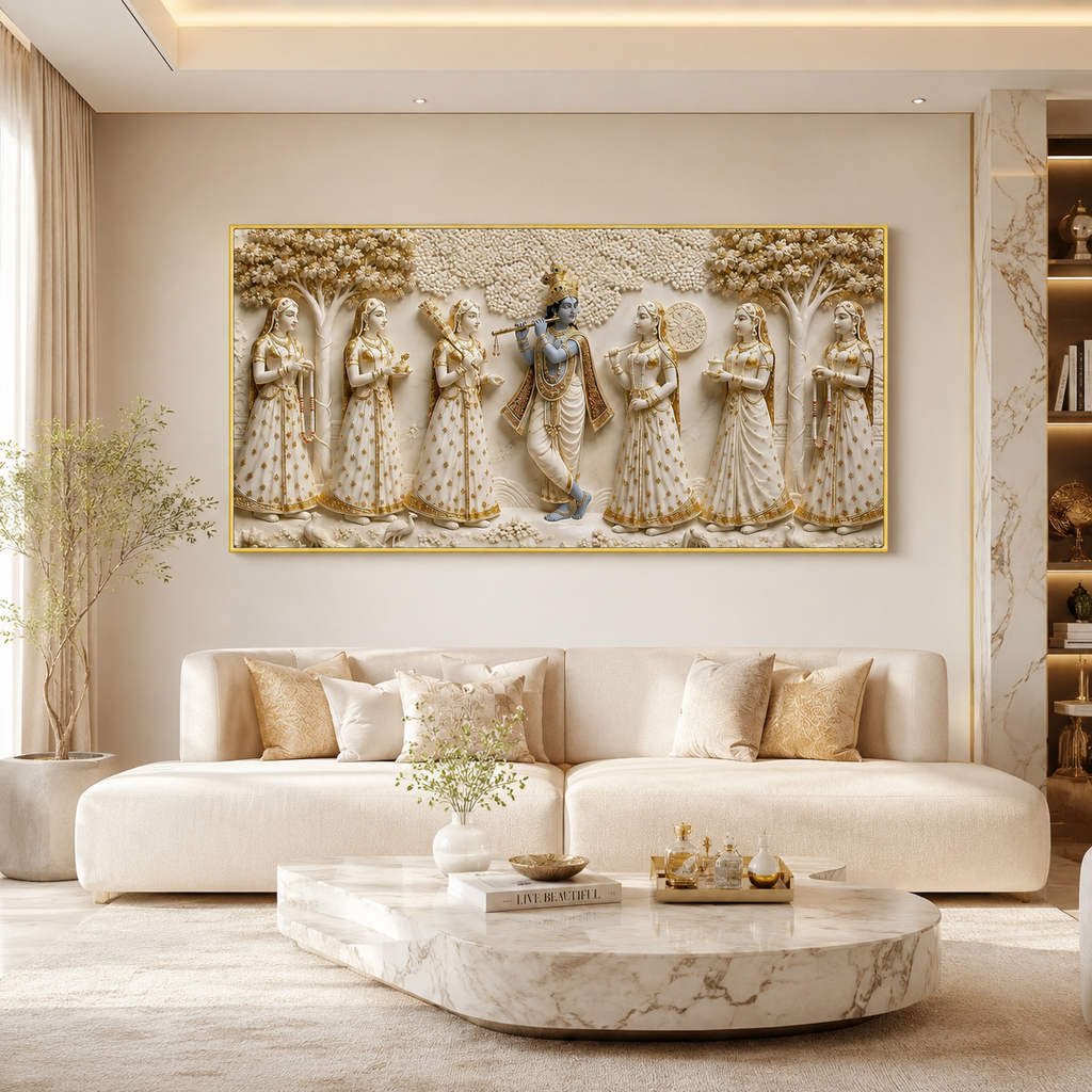 Krishna with Gopis Wall Art Painting, Beautiful Indian Traditional Artwork for Spiritual Home