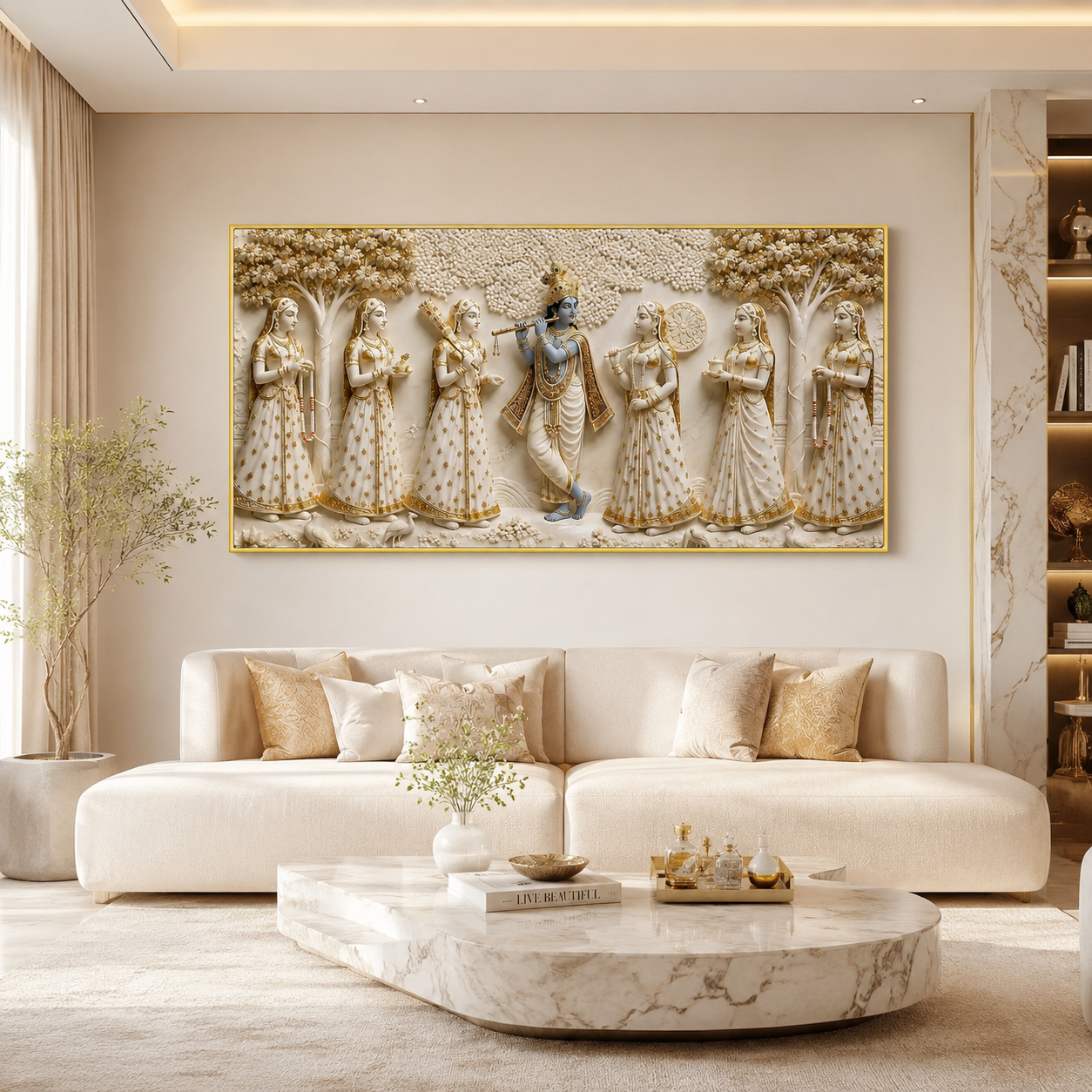 Krishna with Gopis Wall Art Painting, Beautiful Indian Traditional Artwork for Spiritual Home