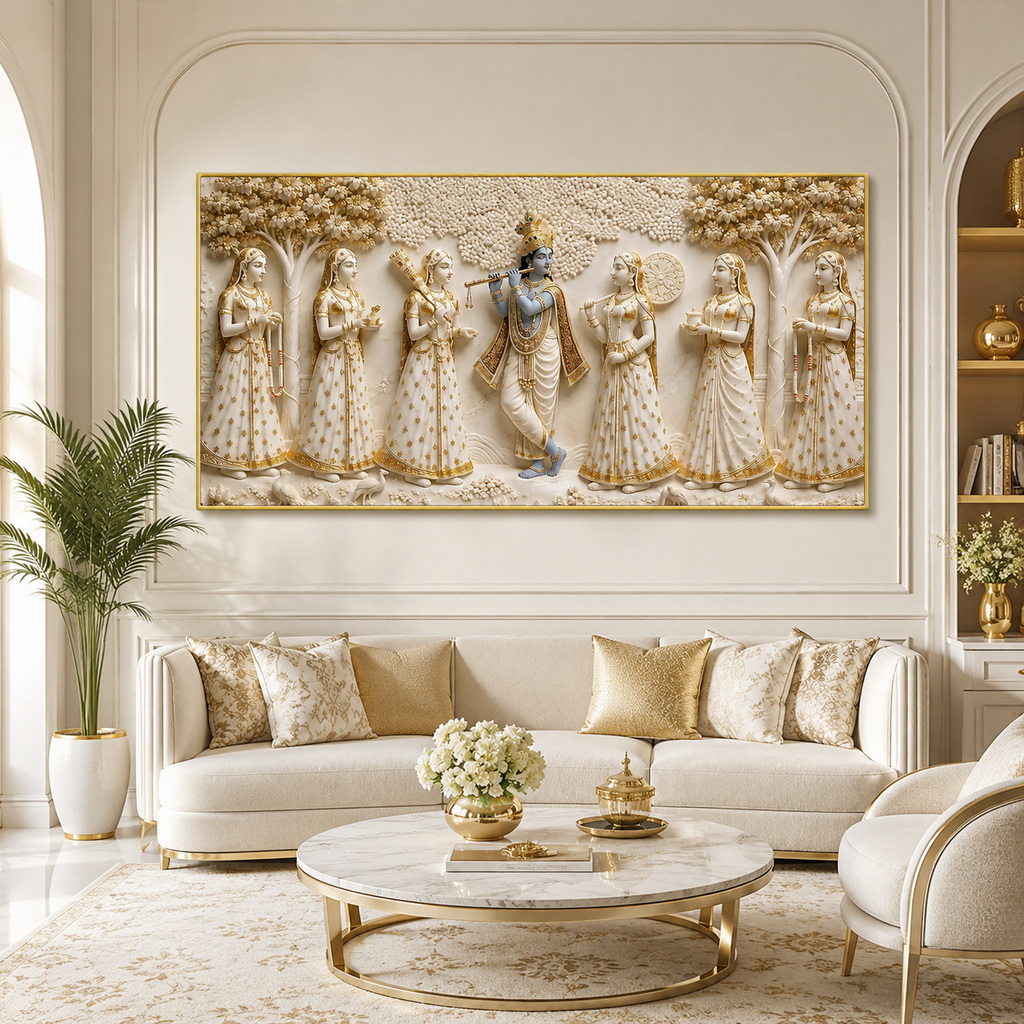 Krishna with Gopis Wall Art Painting, Beautiful Indian Traditional Artwork for Spiritual Home