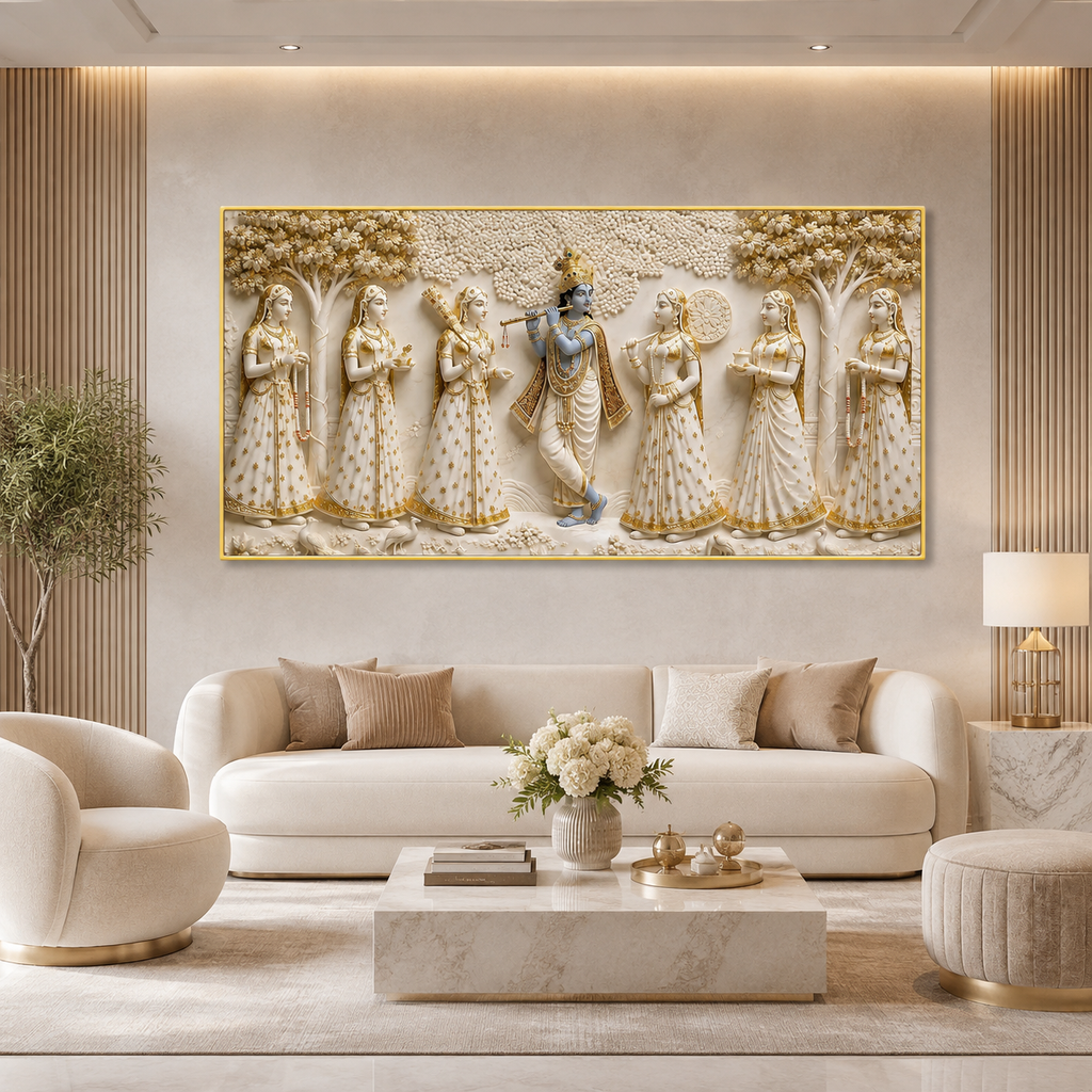 Krishna with Gopis Wall Art Painting, Beautiful Indian Traditional Artwork for Spiritual Home