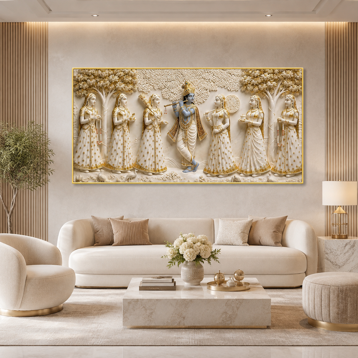 Krishna with Gopis Wall Art Painting, Beautiful Indian Traditional Artwork for Spiritual Home