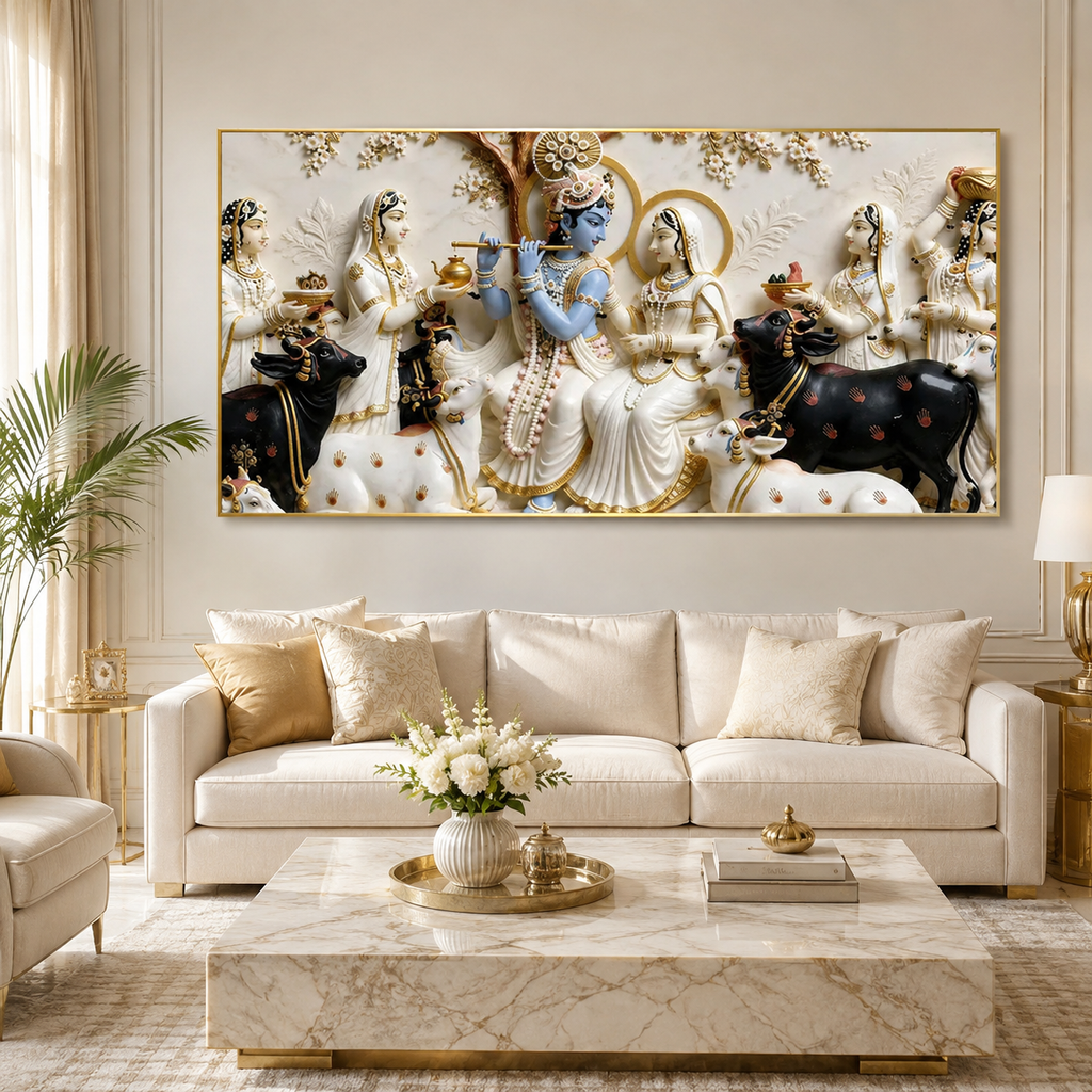 Lord Krishna Playing Flute with Radha 3D Wall Painting, Spiritual Indian Art for Elegant Home Decor