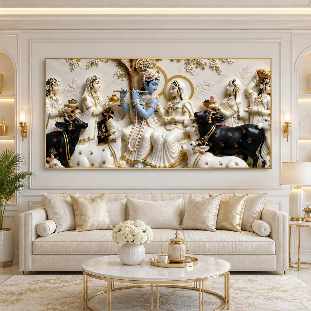 Lord Krishna Playing Flute with Radha 3D Wall Painting, Spiritual Indian Art for Elegant Home Decor