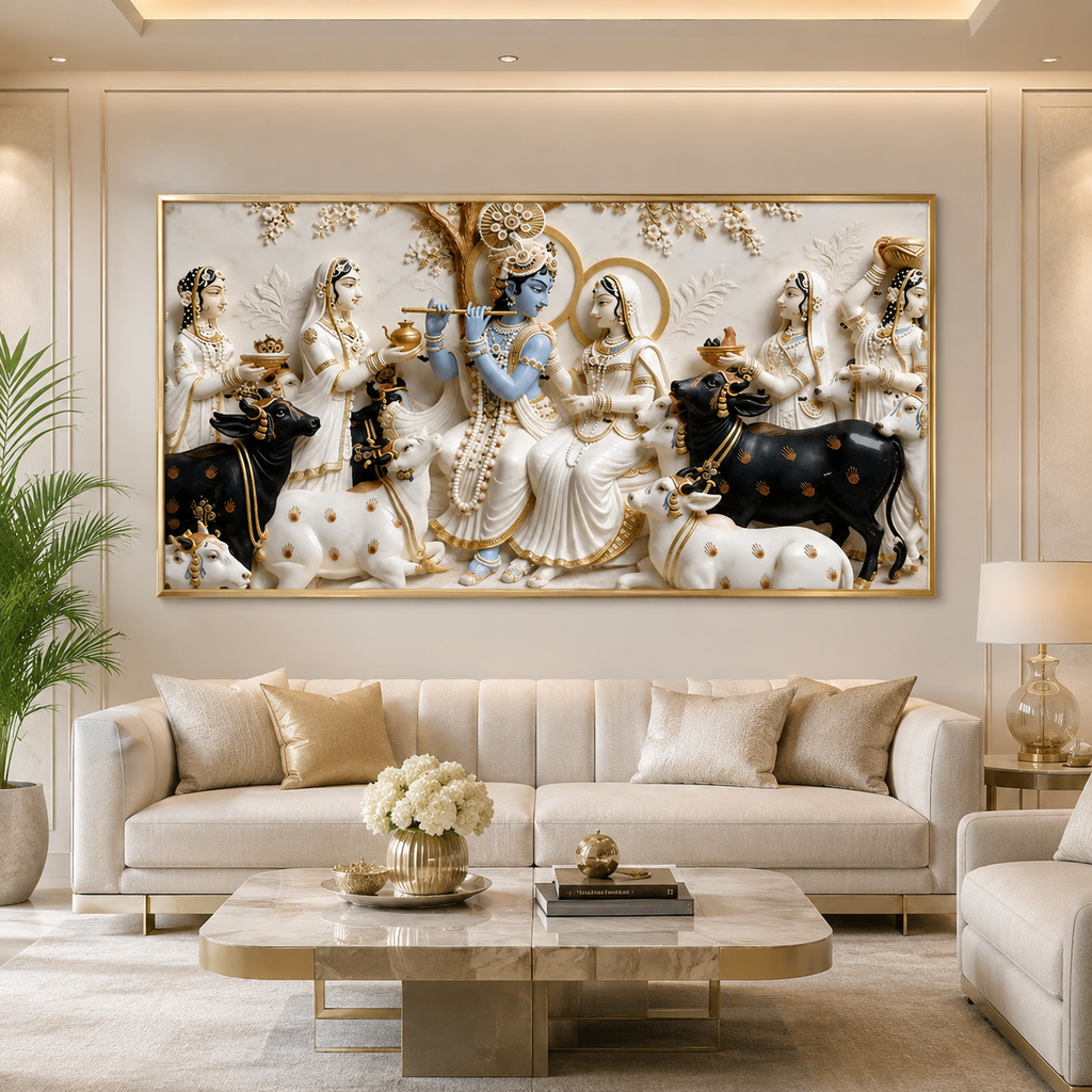 Lord Krishna Playing Flute with Radha 3D Wall Painting, Spiritual Indian Art for Elegant Home Decor