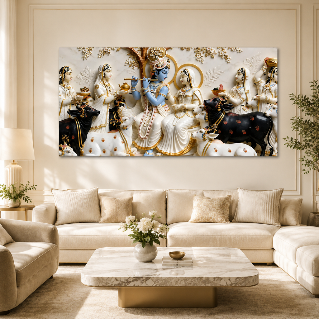 Lord Krishna Playing Flute with Radha 3D Wall Painting, Spiritual Indian Art for Elegant Home Decor