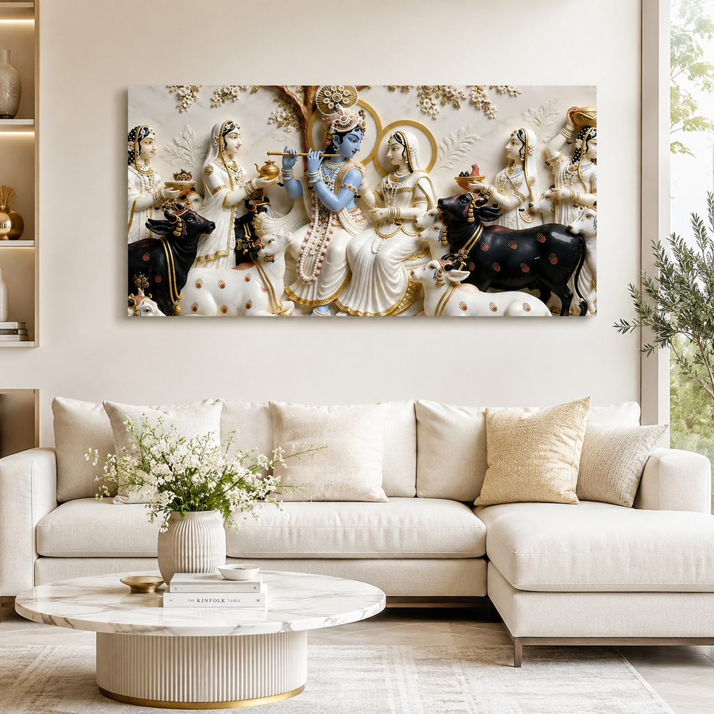 Lord Krishna Playing Flute with Radha 3D Wall Painting, Spiritual Indian Art for Elegant Home Decor