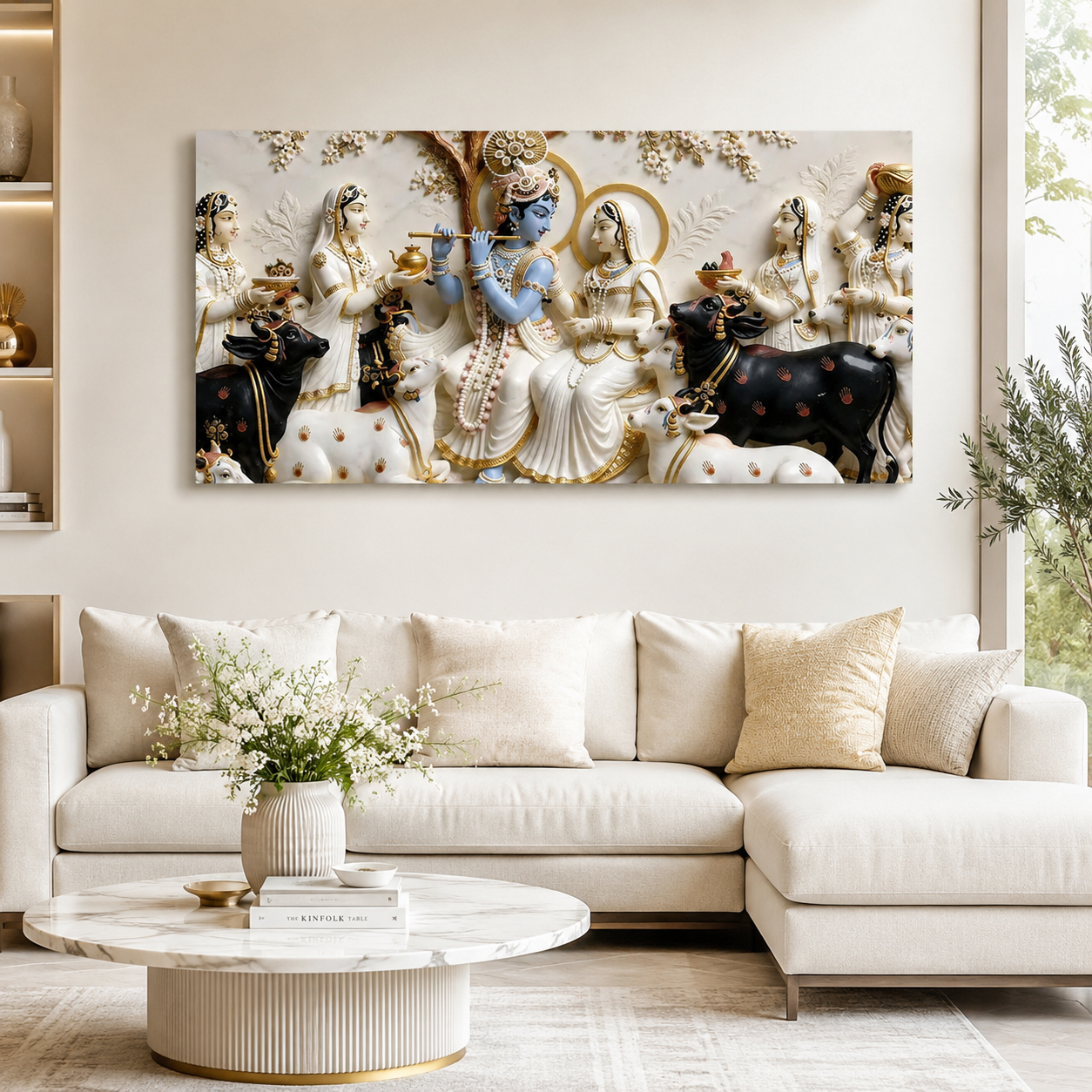 Lord Krishna Playing Flute with Radha 3D Wall Painting, Spiritual Indian Art for Elegant Home Decor