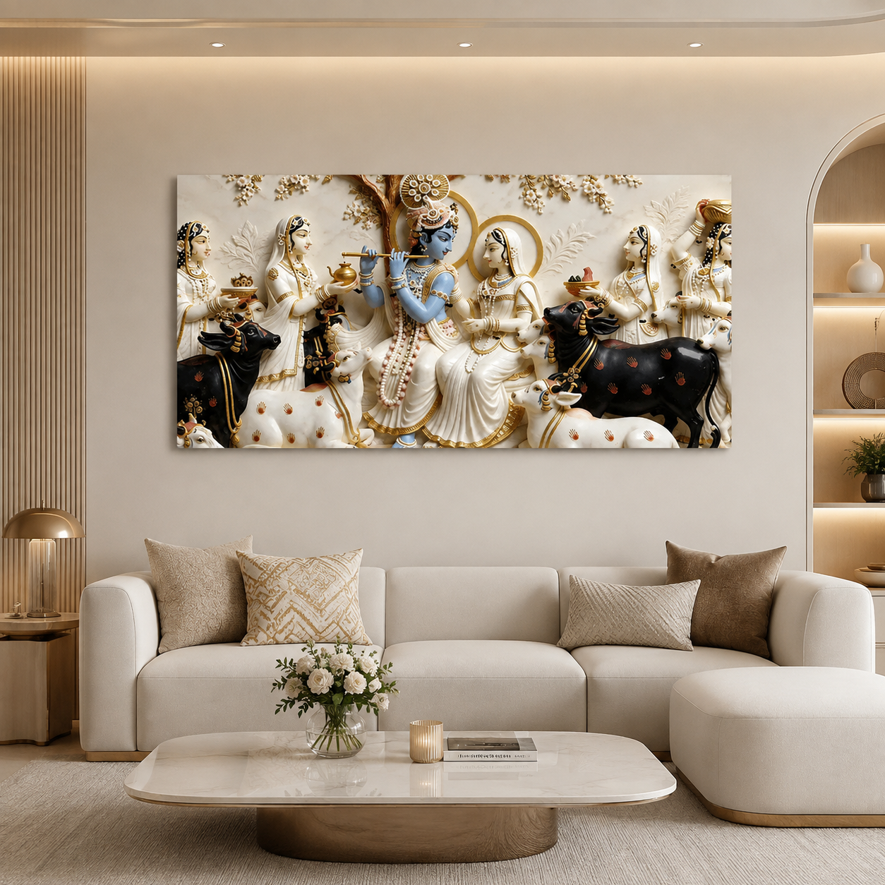 Lord Krishna Playing Flute with Radha 3D Wall Painting, Spiritual Indian Art for Elegant Home Decor