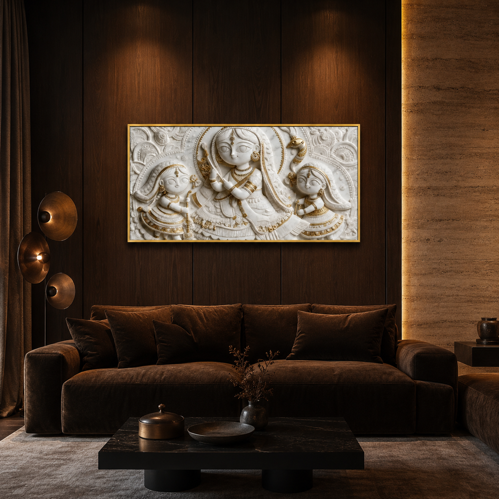 Artistic 3D Radha Krishna Embossed Marble Canvas Frame Decor