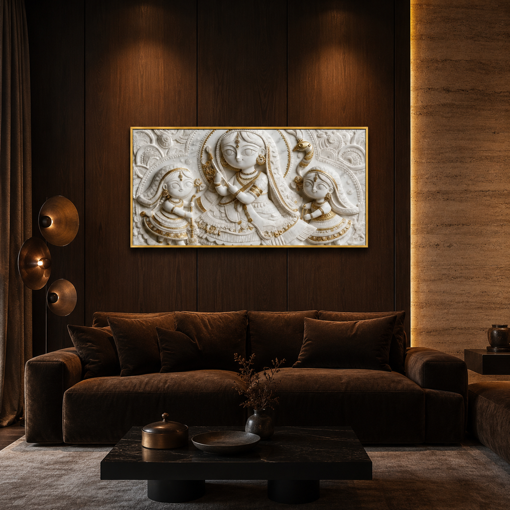 Artistic 3D Radha Krishna Embossed Marble Canvas Frame Decor