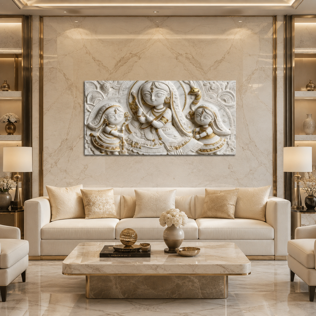 Artistic 3D Radha Krishna Embossed Marble Canvas Frame Decor