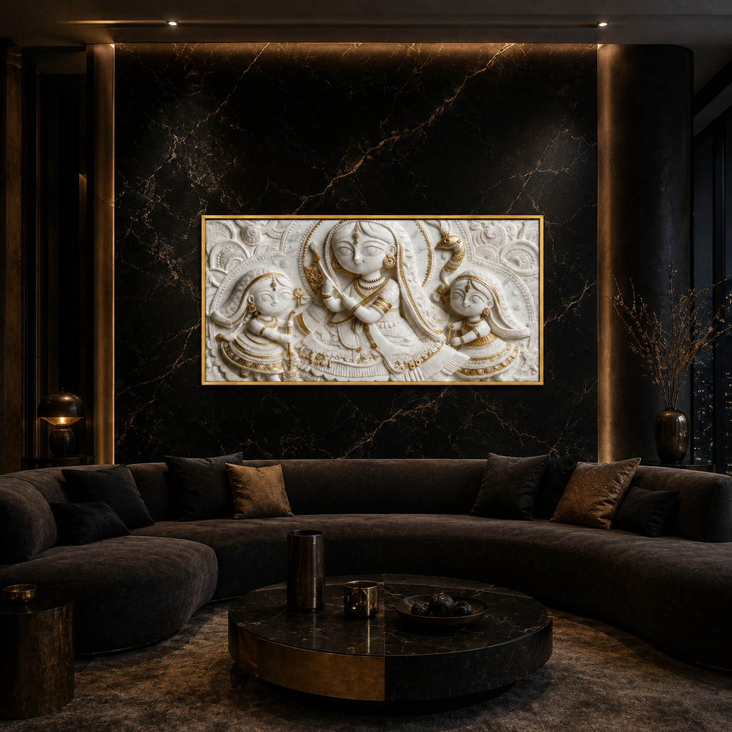Artistic 3D Radha Krishna Embossed Marble Canvas Frame Decor