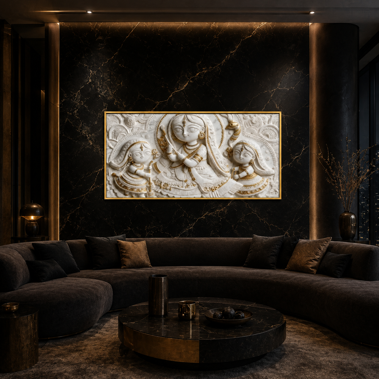 Artistic 3D Radha Krishna Embossed Marble Canvas Frame Decor