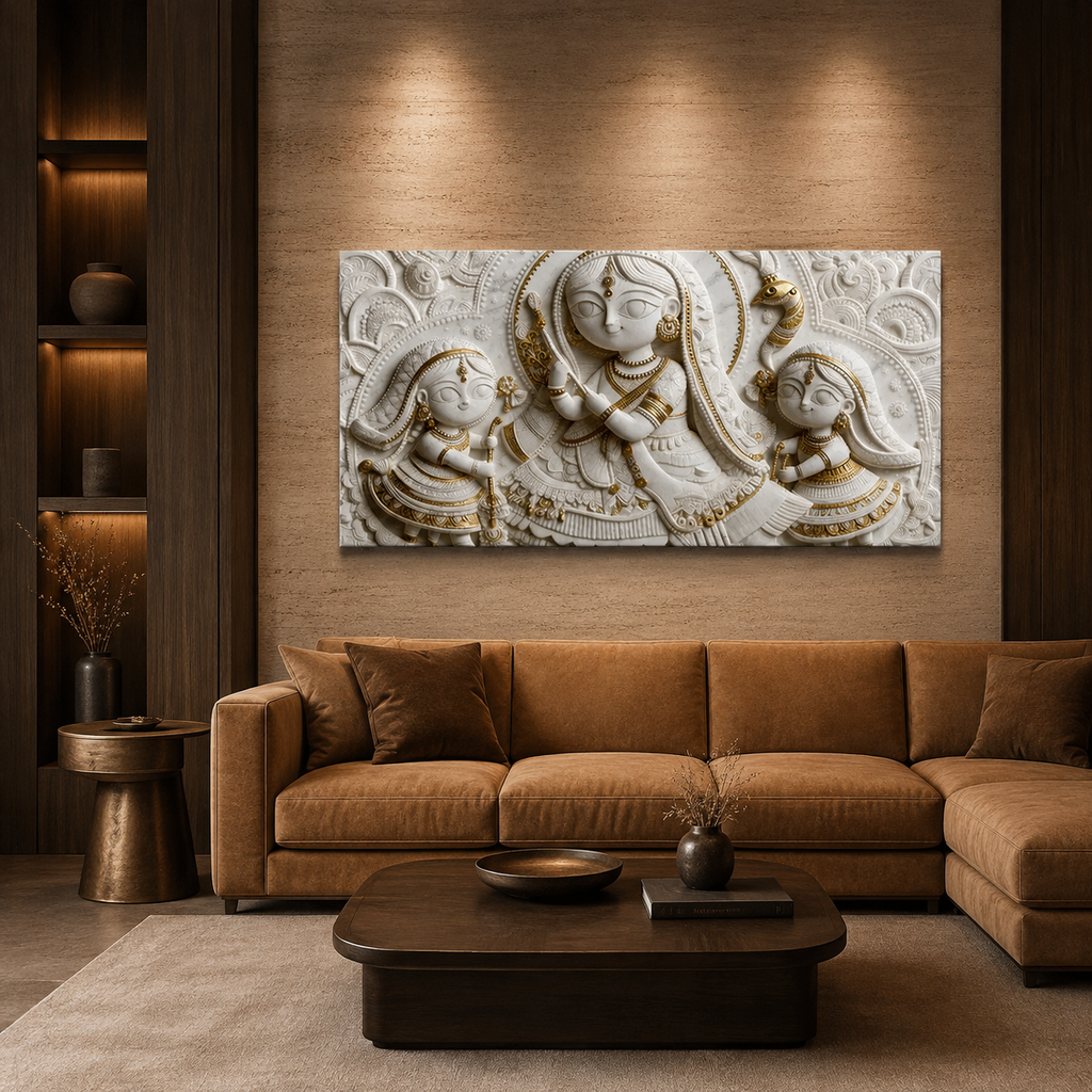 Artistic 3D Radha Krishna Embossed Marble Canvas Frame Decor