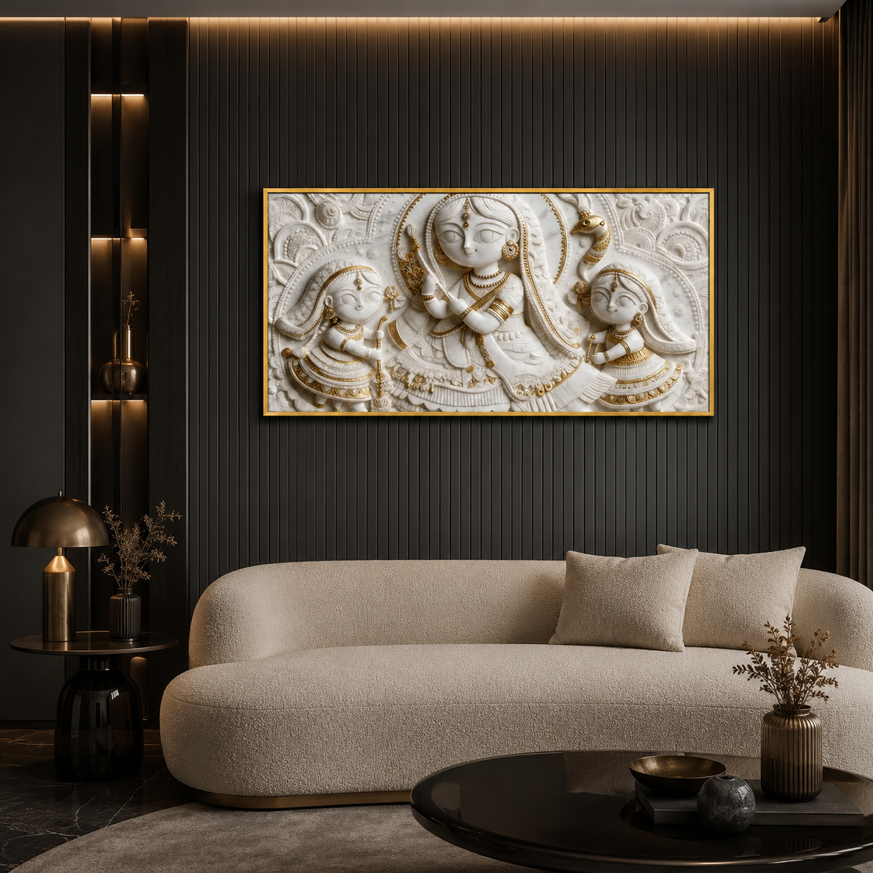 Artistic 3D Radha Krishna Embossed Marble Canvas Frame Decor