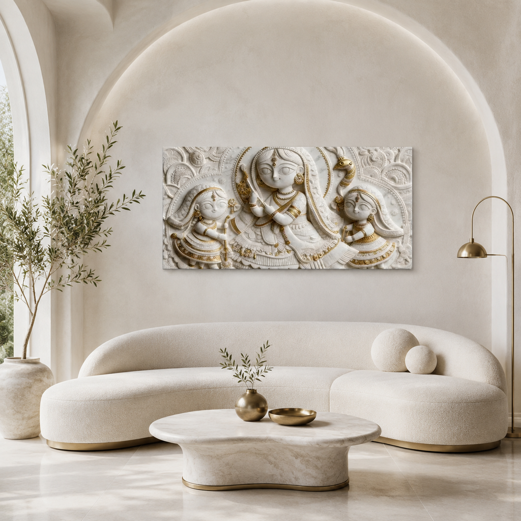 Artistic 3D Radha Krishna Embossed Marble Canvas Frame Decor