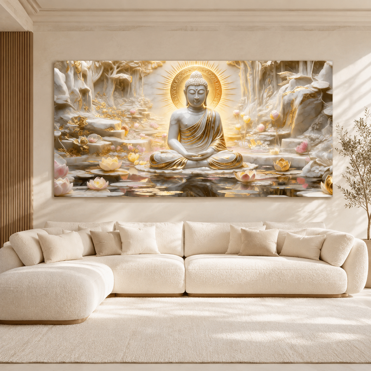 Meditation Buddha 3D Wall Painting with Lotus Pond and Golden Serenity