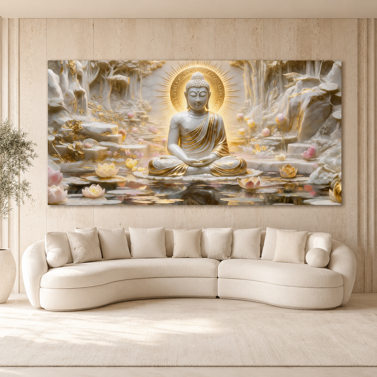 Meditation Buddha 3D Wall Painting with Lotus Pond and Golden Serenity