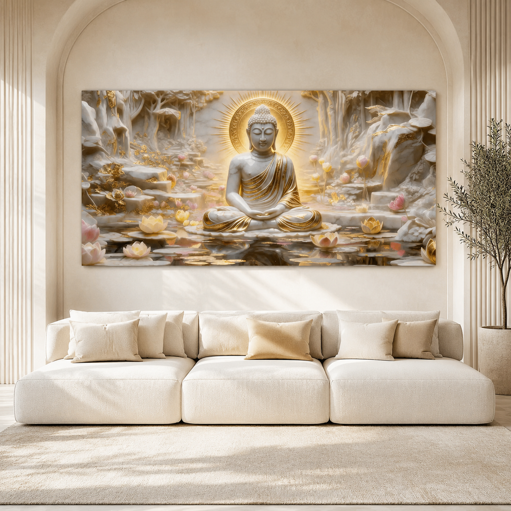 Meditation Buddha 3D Wall Painting with Lotus Pond and Golden Serenity