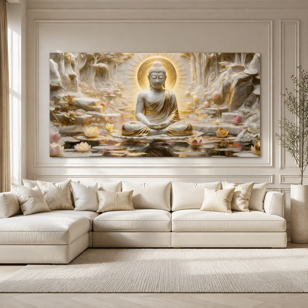 Meditation Buddha 3D Wall Painting with Lotus Pond and Golden Serenity