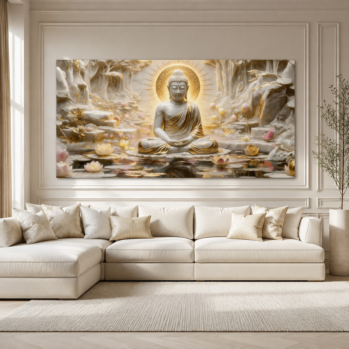 Meditation Buddha 3D Wall Painting with Lotus Pond and Golden Serenity