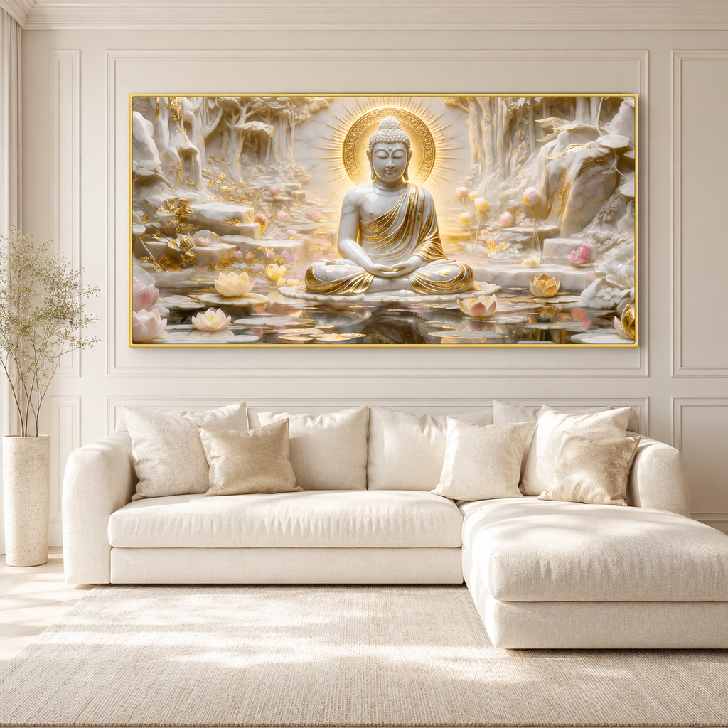 Meditation Buddha 3D Wall Painting with Lotus Pond and Golden Serenity