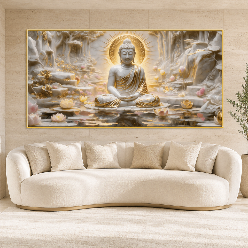 Meditation Buddha 3D Wall Painting with Lotus Pond and Golden Serenity