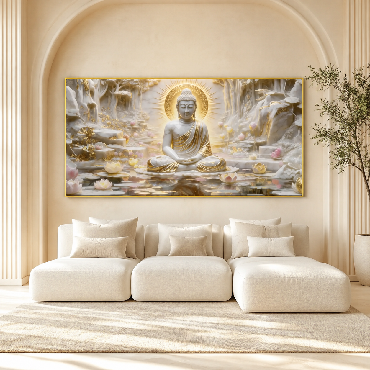 Meditation Buddha 3D Wall Painting with Lotus Pond and Golden Serenity
