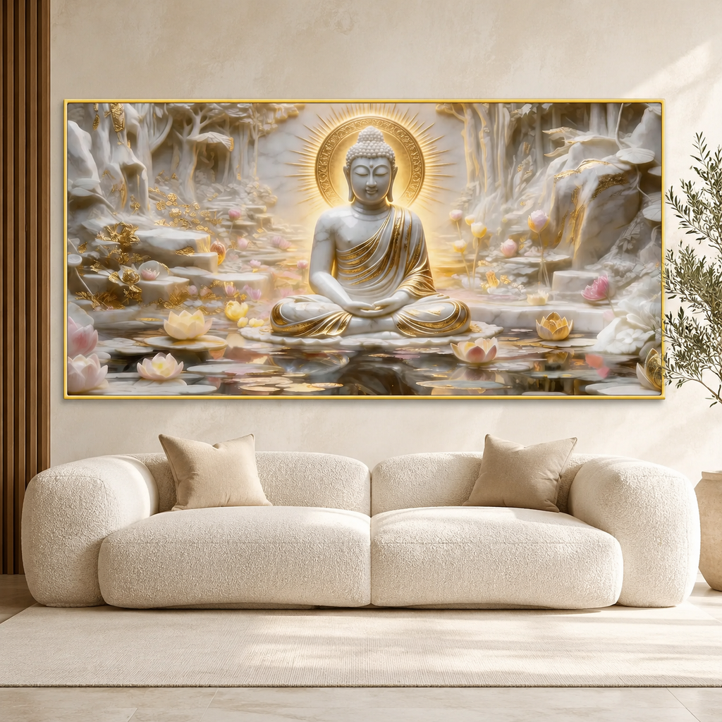 Meditation Buddha 3D Wall Painting with Lotus Pond and Golden Serenity