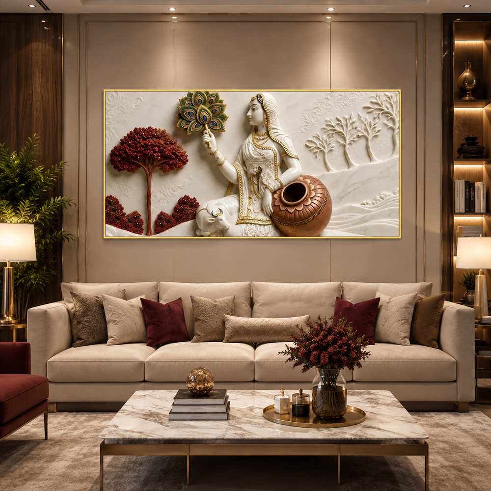 Traditional Indian Gopi with Kalash 3D Wall Decor - Ethnic Sculpted Canvas Art for Modern Home