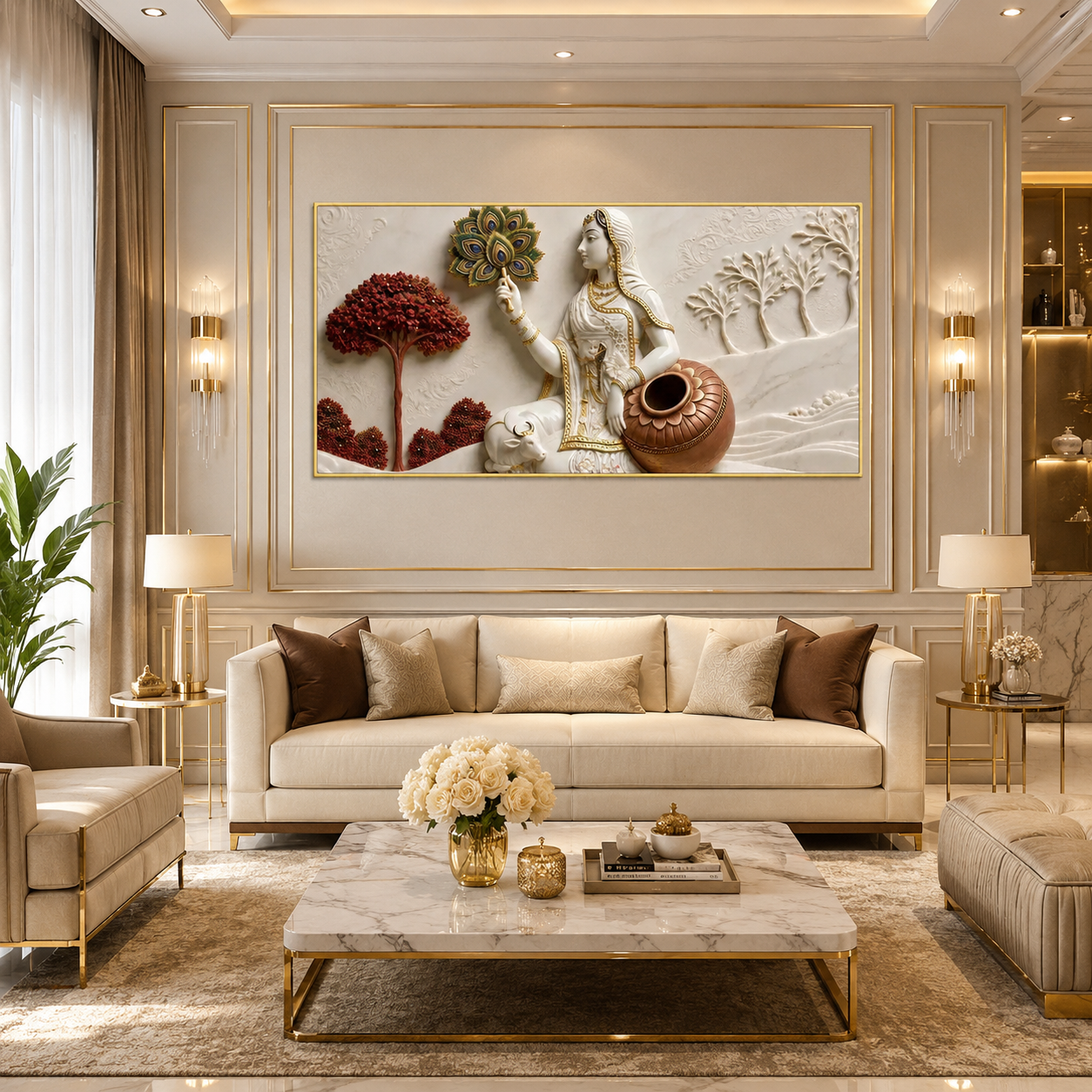 Traditional Indian Gopi with Kalash 3D Wall Decor - Ethnic Sculpted Canvas Art for Modern Home
