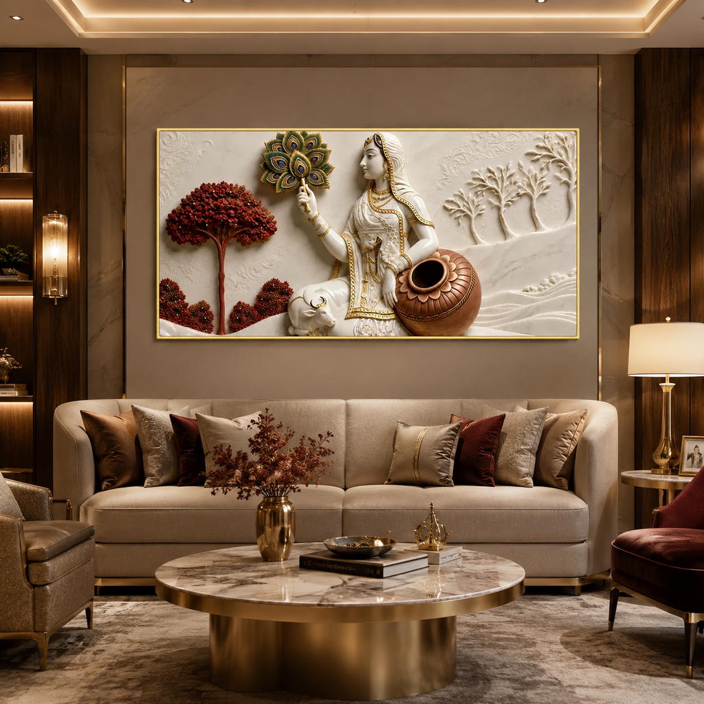 Traditional Indian Gopi with Kalash 3D Wall Decor - Ethnic Sculpted Canvas Art for Modern Home