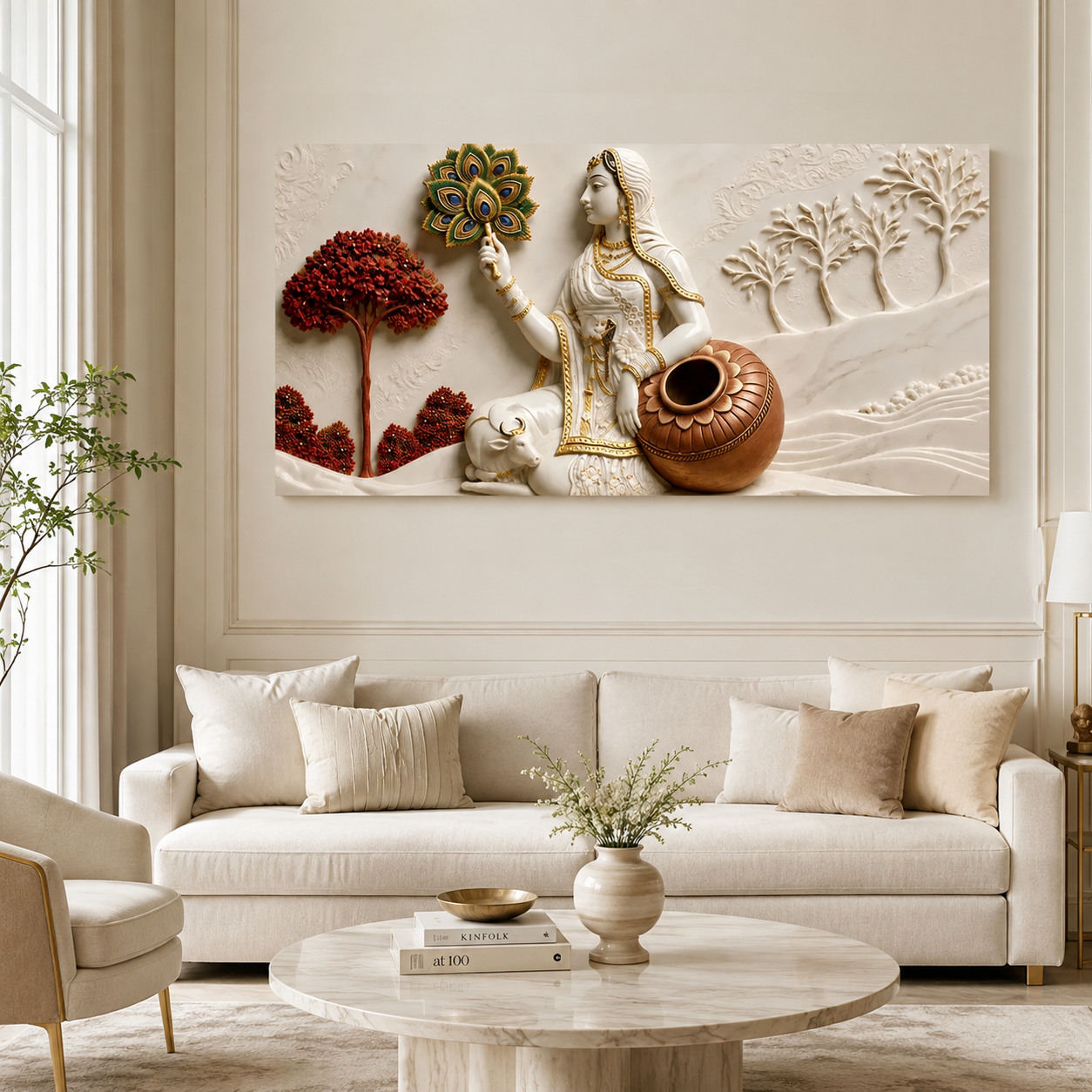 Traditional Indian Gopi with Kalash 3D Wall Decor - Ethnic Sculpted Canvas Art for Modern Home