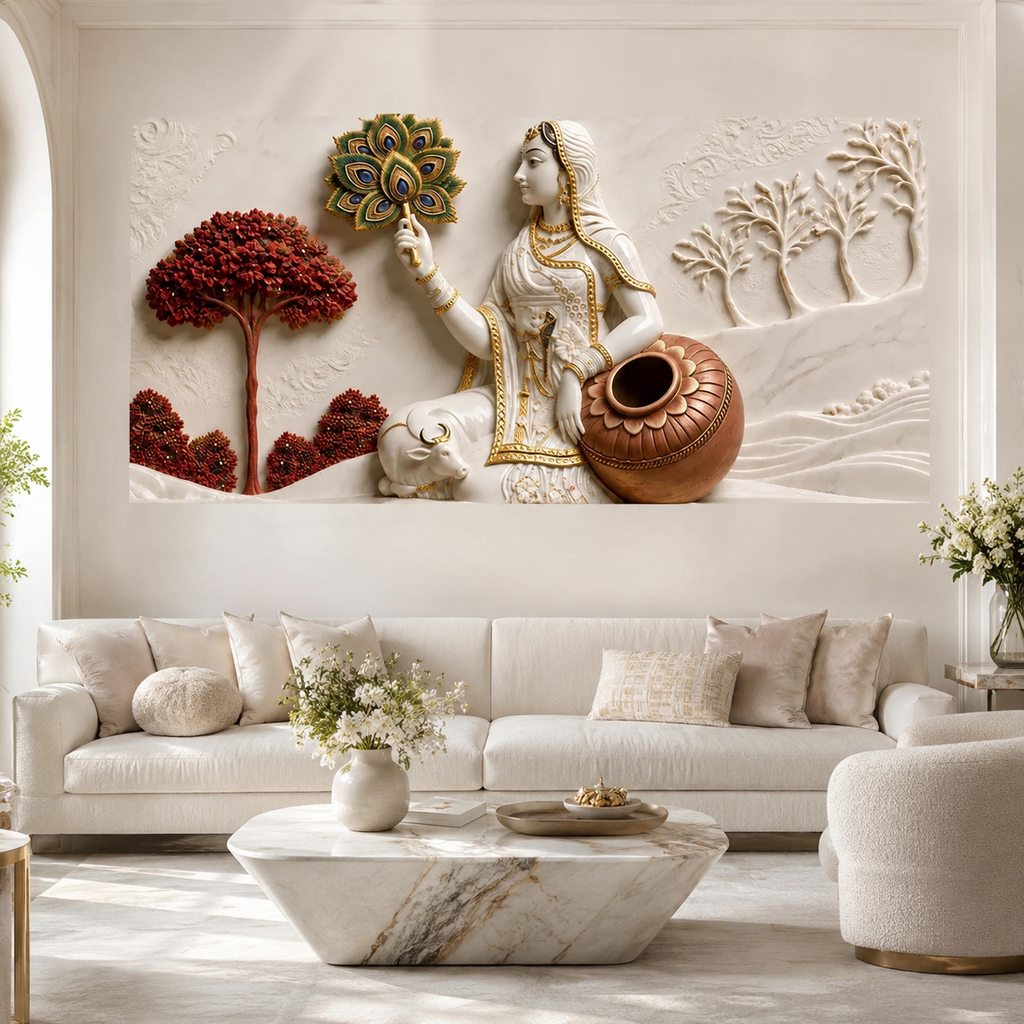 Traditional Indian Gopi with Kalash 3D Wall Decor - Ethnic Sculpted Canvas Art for Modern Home