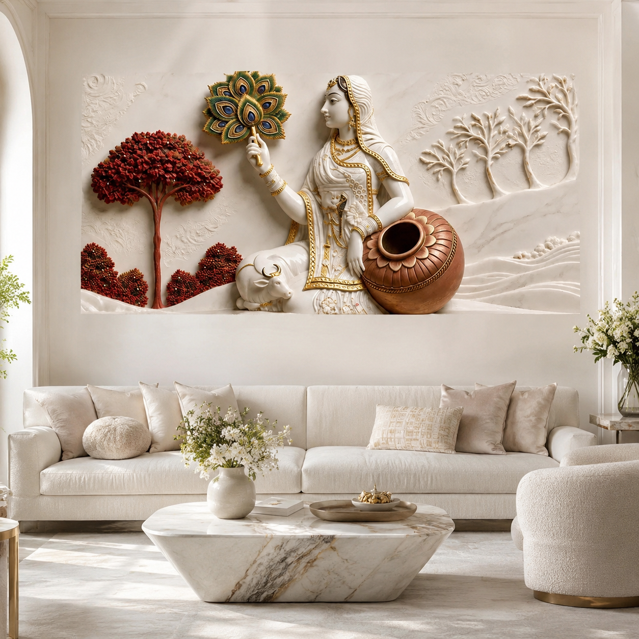 Traditional Indian Gopi with Kalash 3D Wall Decor - Ethnic Sculpted Canvas Art for Modern Home