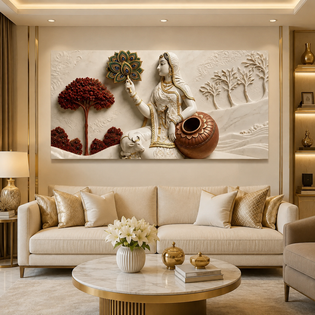Traditional Indian Gopi with Kalash 3D Wall Decor - Ethnic Sculpted Canvas Art for Modern Home