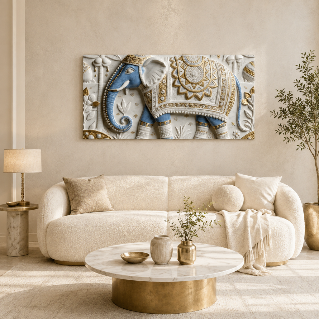 Luxury Golden Accent Elephant 3D Embossed Canvas Decor Frame